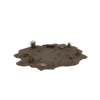3D модель участка грязи с сухой травой и разбросанным мусором, вид под небольшим углом сверху.