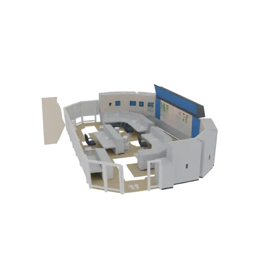 3D модель центра управления АЭС с консолями, экранами и креслами.