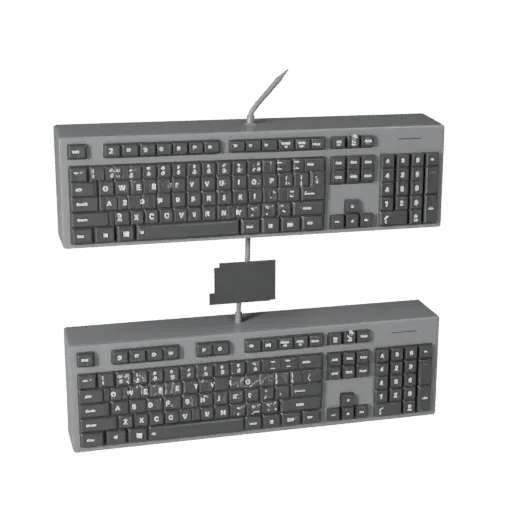 Низкополигональная 3D-модель клавиатуры для домашнего офиса, вид в игровом окне в три четверти, показывающий пластик, силуэты