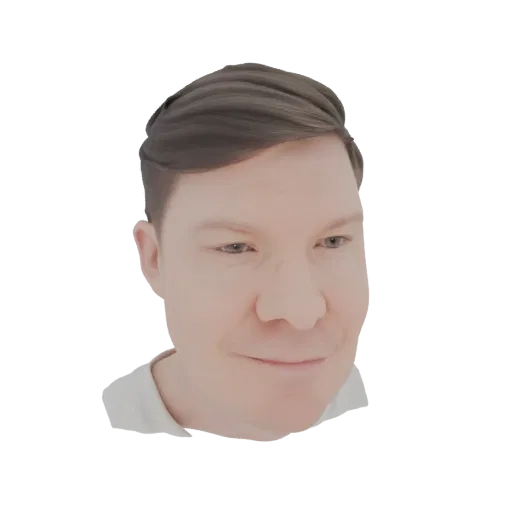 AI-сгенерированная 3D-модель головы мужчины с короткими каштановыми волосами, слегка повернутая вправо.