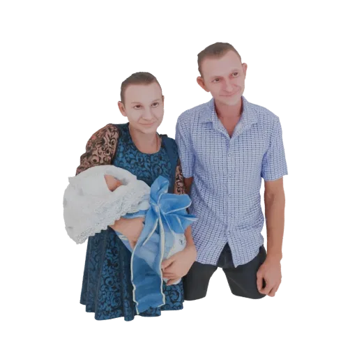 3D модель улыбающегося отца, матери с завернутым новорожденным ребенком, семейный портрет.