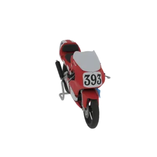 3D модель красно-белого гоночного мотоцикла Yamaha TZ125 1997 года с номером 393 на переднем обтекателе, показанная на белом