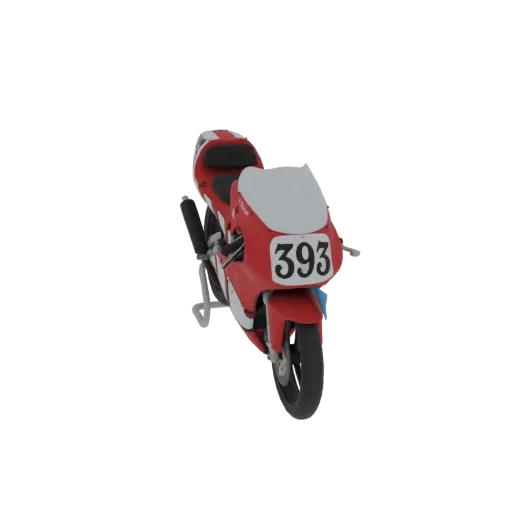 3D модель красно-белого гоночного мотоцикла Yamaha TZ125 1997 года с номером 393 на переднем обтекателе, показанная на белом