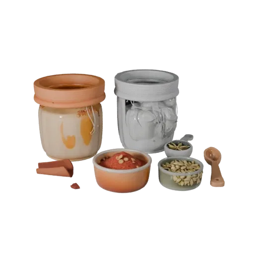 Печатаемая 3D модель Стиль специй Банки, изометрический STL рендер, показывающий порошки, мелкие формы ингредиентов.