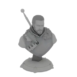 3D модель бюста Геральта из Ривии из Ведьмака, с его суровым выражением лица, бородой и броней, представленная на детализиров