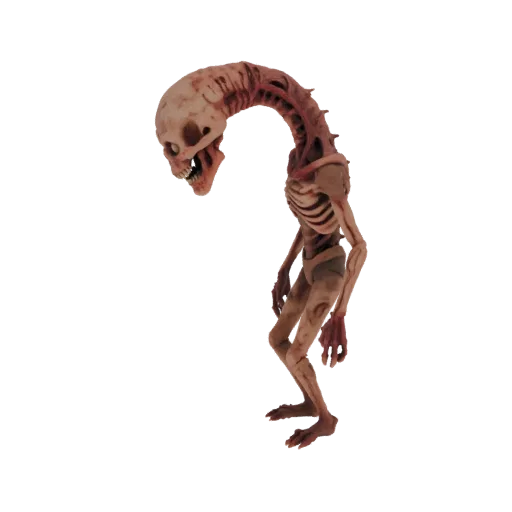 3D модель безкожего монстра ужасов со сломанной, изогнутой шеей, обнаженным черепом и острыми зубами, стоящая на белом фоне.