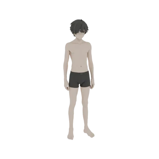 Рендер 3D модели молодого персонажа в стиле аниме, стоящего с темными волосами и в темных шортах.