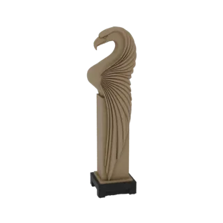 3D model render of a stylized eagle sculpture with detailed wings, standing on a dark base, against a white background.