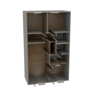 3D модель современного модульного шкафа с открытыми дверцами, демонстрирующая регулируемые полки и ящики внутри.