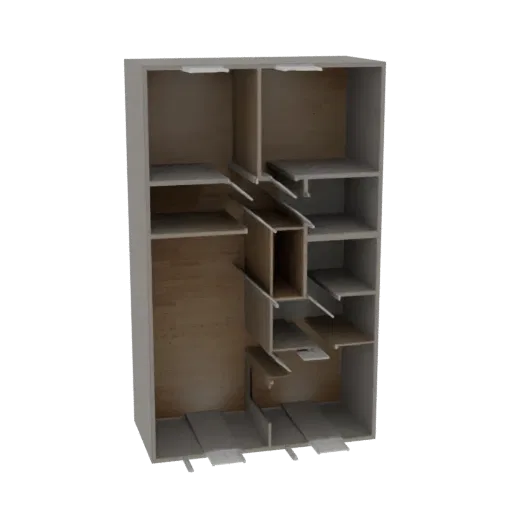 3D модель современного модульного шкафа с открытыми дверцами, демонстрирующая регулируемые полки и ящики внутри.