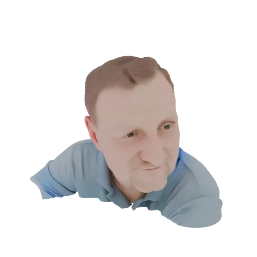 3D модель мужчины с короткими каштановыми волосами, в светло-синей рубашке поло, слегка повернут вправо.