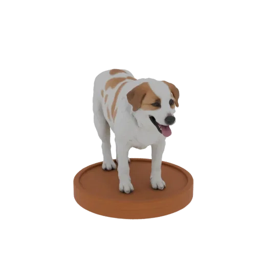3D модель бело-коричневой собаки джек-рассел-терьер стоит на коричневой круглой подставке, с высунутым языком и смотрит в сто