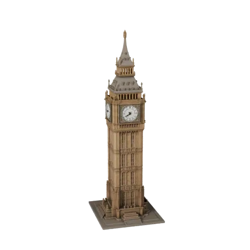 Реалистичная 3D модель Биг-Бена, вид в три четверти снаружи, показывающий материалы и архитектурные детали достопримечательно