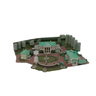 3D модель миниатюрного поместья с центральным особняком, двумя меньшими постройками, фонтаном и стилизованными деревьями и ку