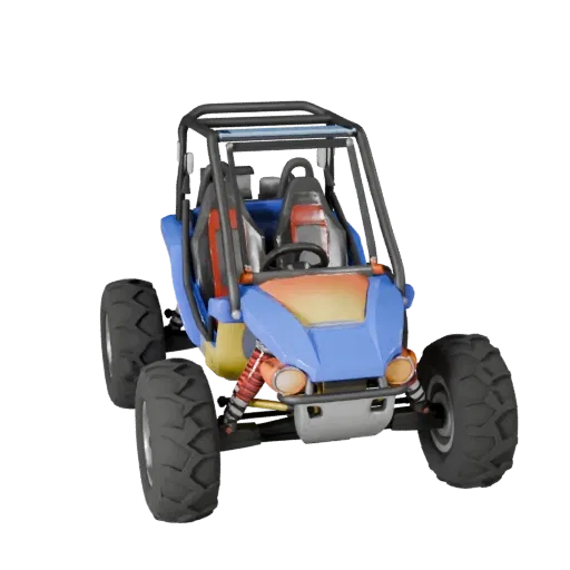 3D-модель внедорожного багги, вид в три четверти из игрового окна, готовый к Unity ресурс транспортного средства с линиями ку