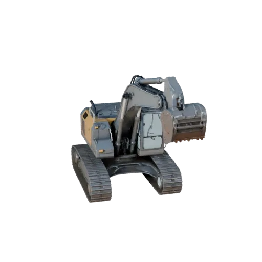 3D-модель строительного экскаватора, вид сбоку, рендер в техническом окне, показывающий окрашенную сталь, детали формы.