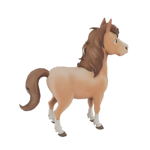 Стилизованная 3D модель светло-коричневой лошади с коричневой гривой и хвостом, стоящая на белом фоне.