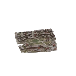3D модель двора древнего города с традиционными зданиями и заметными пагодами с красными вершинами, вид сверху.