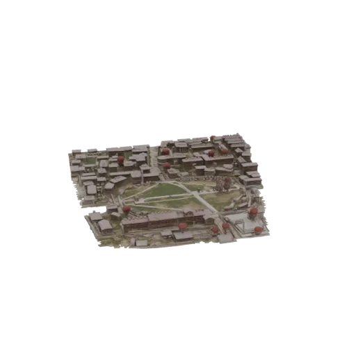 3D модель двора древнего города с традиционными зданиями и заметными пагодами с красными вершинами, вид сверху.