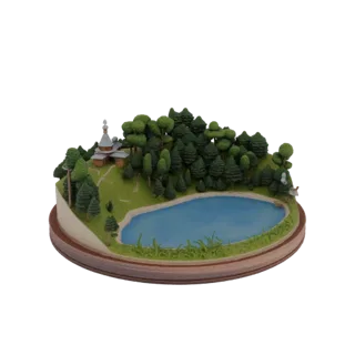 3D модель волшебной лесной диорамы с синим озером, маленькой часовней и пышными зелеными деревьями на деревянном основании.