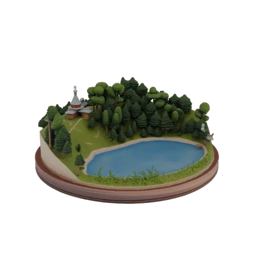 3D модель волшебной лесной диорамы с синим озером, маленькой часовней и пышными зелеными деревьями на деревянном основании.