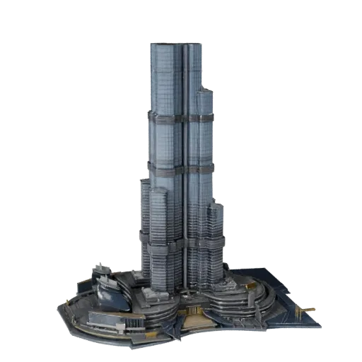 Печатная 3D модель Бурдж-Халифа в STL, изометрический вид, показывающий материалы структуры достопримечательности и архитекту