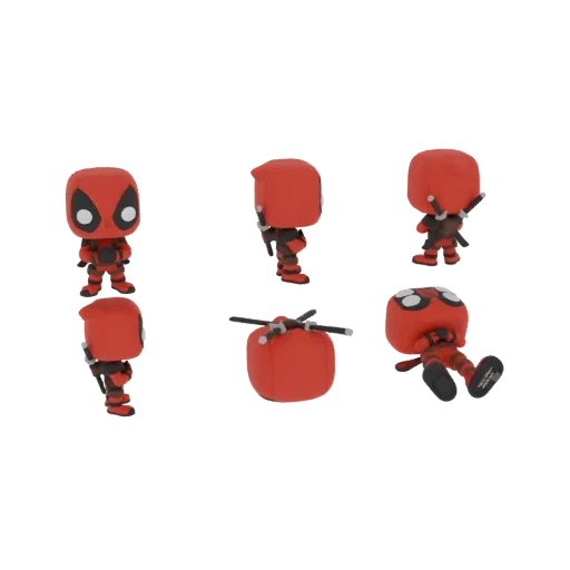 3D-рендер фигурки Funko Pop! Дэдпула, показанный с разных ракурсов, демонстрирующий различные экшн-позы.