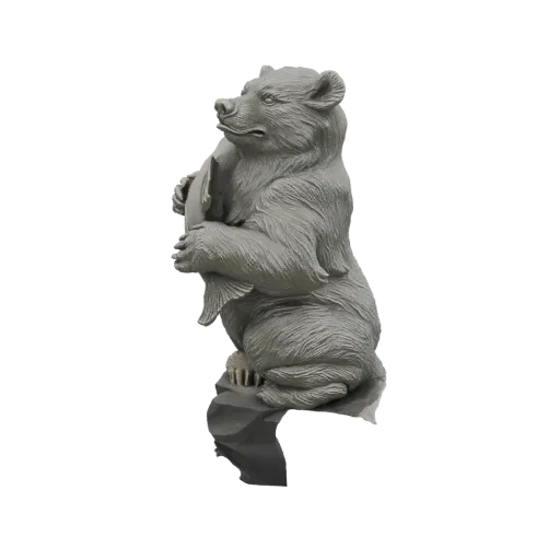 3D модель серого медведя, держащего рыбу, стоящего на каменном основании, с детализированной текстурой меха.
