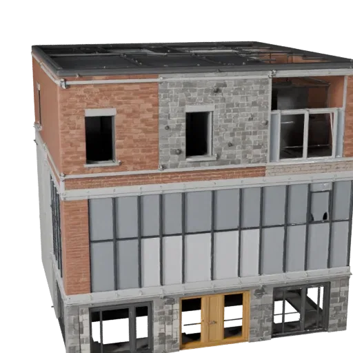 Реалистичная 3D модель Городского Блока, вид с трех четвертей снаружи, показывающий материалы модульного строительного компле