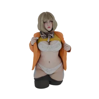 3D модель персонажа с пепельными волосами в белом белье и оранжевой куртке, принимающего позу.