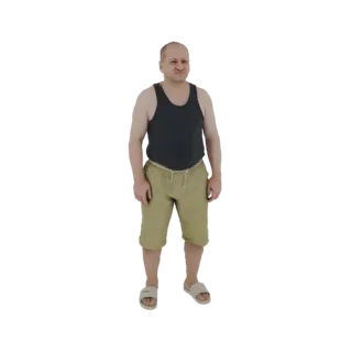 3D-модель мужчины в темной майке и бежевых шортах, стоящего с руками по бокам.