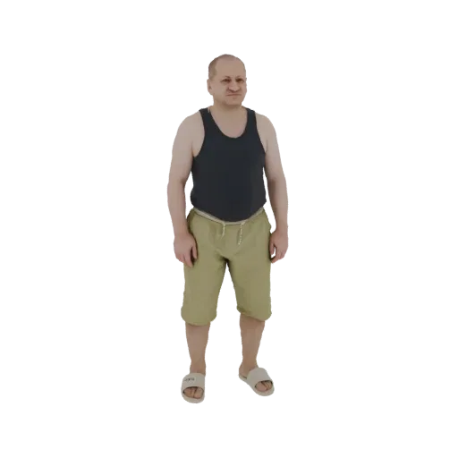 3D-модель мужчины в темной майке и бежевых шортах, стоящего с руками по бокам.