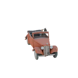 3D модель винтажного красного кабриолета с опущенной крышей, вид спереди справа.