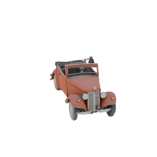 3D модель винтажного красного кабриолета с опущенной крышей, вид спереди справа.