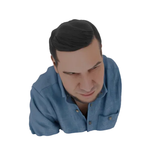 3D модель мужчины в синей рубашке, вид сверху, смотрящего вниз.