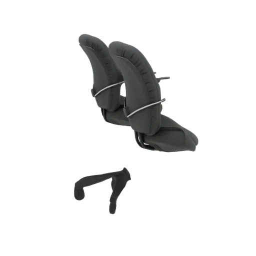 3D модель двух темно-серых эргономичных подголовников для офисных кресел с серебристыми ремешками и отдельным монтажным кронш