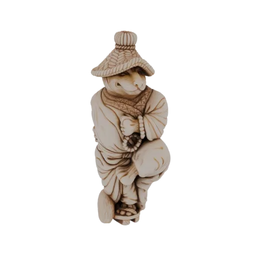 3D модель резной фигурки крысы в образе монаха, в соломенной шляпе и с четками.