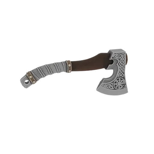 3D модель топора викинга с узорами на навершии и текстурной рукоятью, обмотанной металлическими полосами.