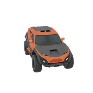3D модель агрессивного оранжево-черного внедорожника SUV с большими колесами и выразительным воздухозаборником на капоте, вид
