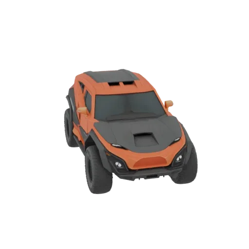 3D модель агрессивного оранжево-черного внедорожника SUV с большими колесами и выразительным воздухозаборником на капоте, вид