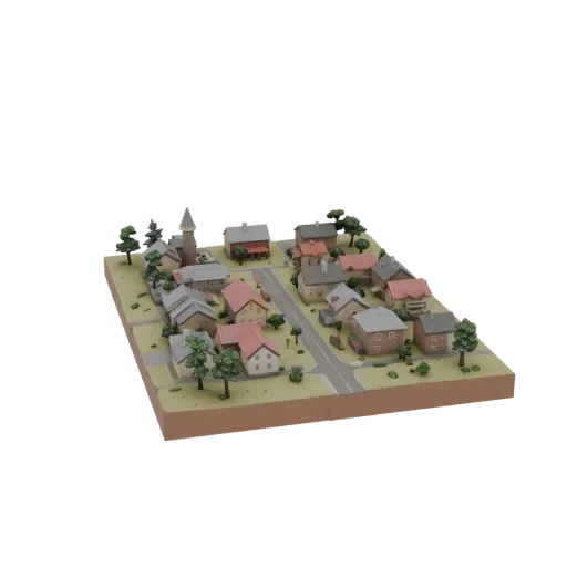 3D модель деревни Татарск с домами, церковью и деревьями, вид сверху под углом