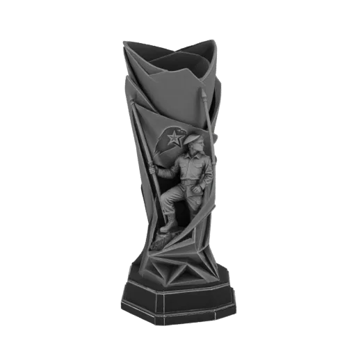 Рендер 3D модели серого трофея с солдатом, держащим флаг со звездой, на белом фоне.