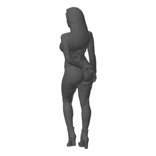 Вид сзади 3D-модели женской фигуры с шарнирами, в корсете и чулках, в позе с руками за спиной.