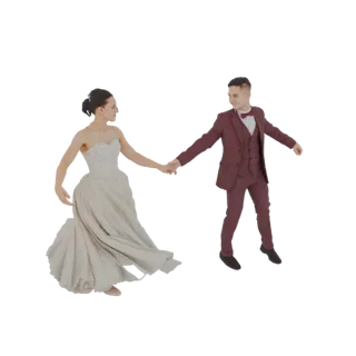 3D-модель невесты в белом платье и жениха в бордовом костюме, танцующих вместе, держась за руки.