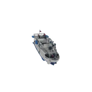 3D модель бело-синего пассажирского катера с флагом на палубе, вид под небольшим углом сверху.