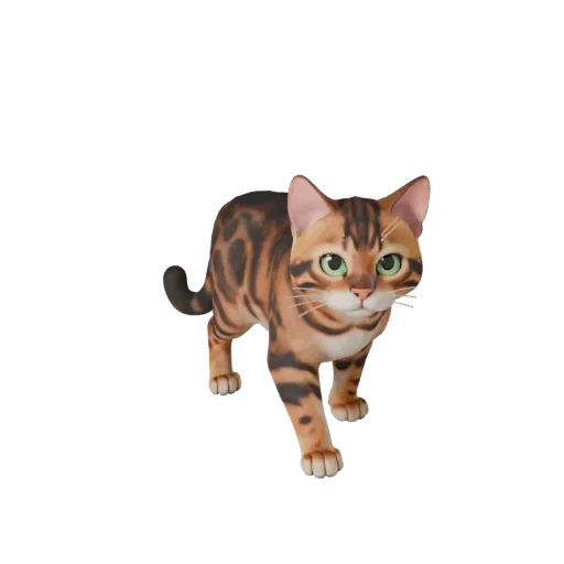 Мультяшная 3D-модель бенгальского кота, рендер дикой природы сбоку, стилизованный ассет животного с кошачьей гибкостью позвон