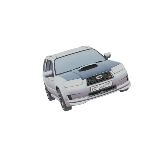 3D модель белого Subaru Forester STI с темно-серым капотом, воздухозаборником и номерным знаком.
