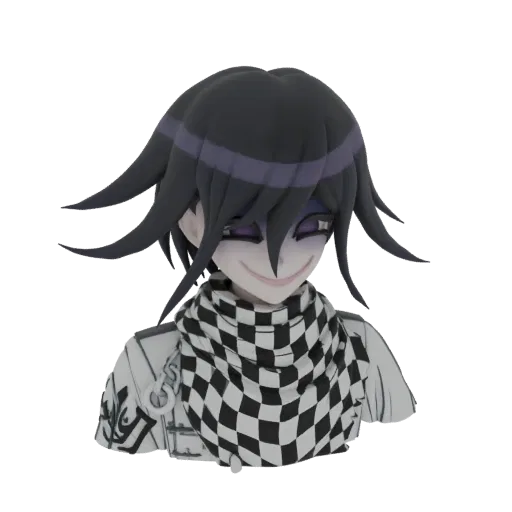 3D модель Кокичи Ома из Danganronpa, с колючими черными волосами, фиолетовыми глазами и шарфом в клетку, озорно улыбается.