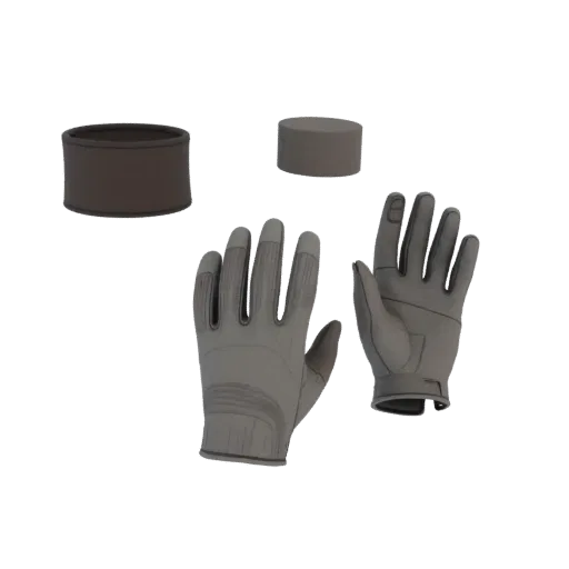 Печатаемая 3D-модель перчаток, изометрический STL-рендер, показывающий металл, небольшой носимый силуэт.