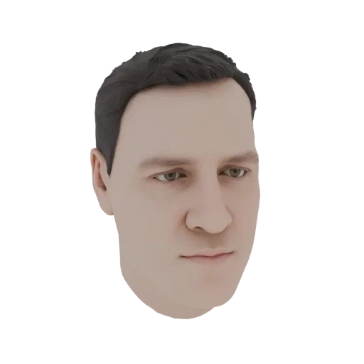 Реалистичный рендер 3D модели мужской головы с темными волосами и зелеными глазами, представленный на белом фоне.